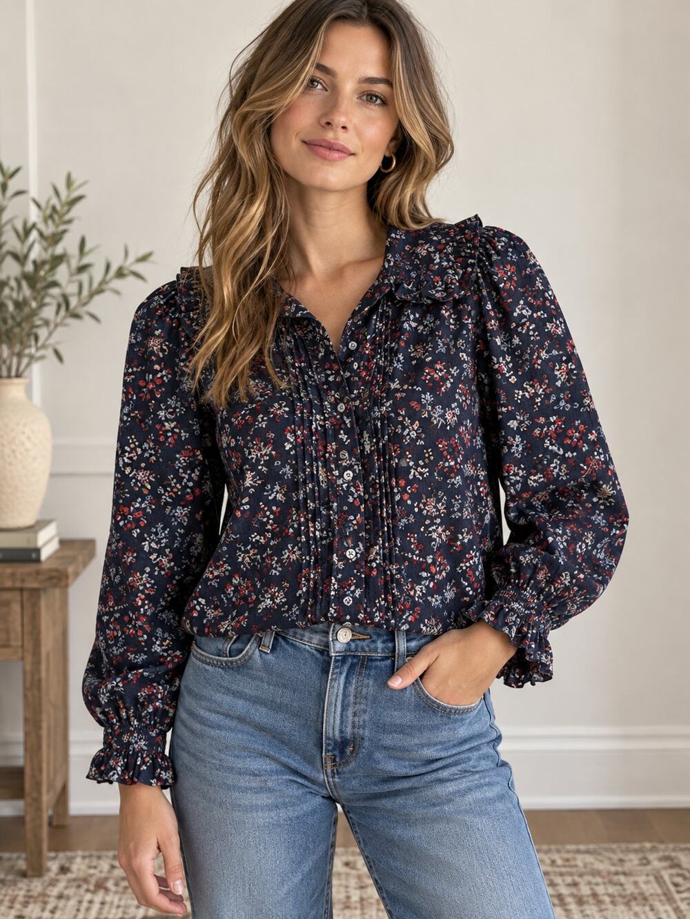The Great SZ M Pintuck Hemingway Floral Cotton Corduroy Top Nightshade Floral